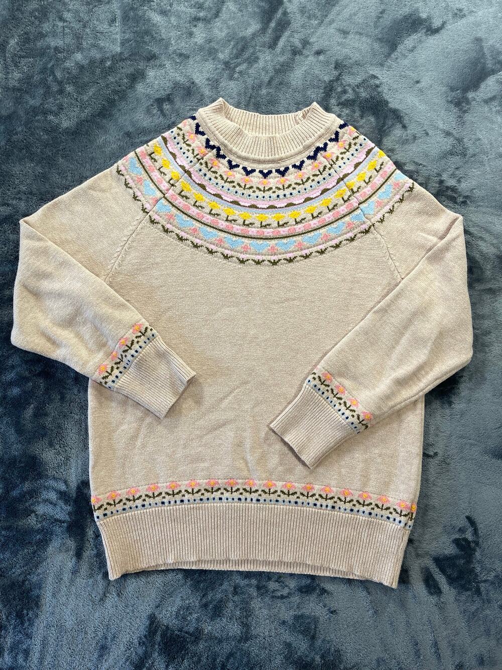 OXKNIT Fair Isle Yoke Knit Pullover Sweater Cream Multicolor Geometric Size L